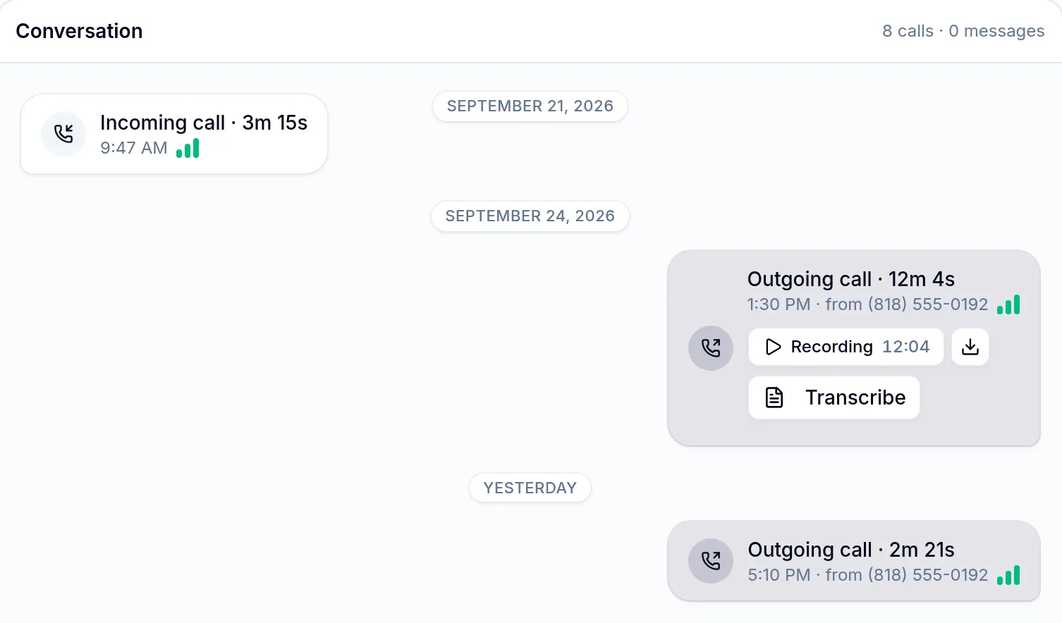 A lead's call history with a recording and line quality