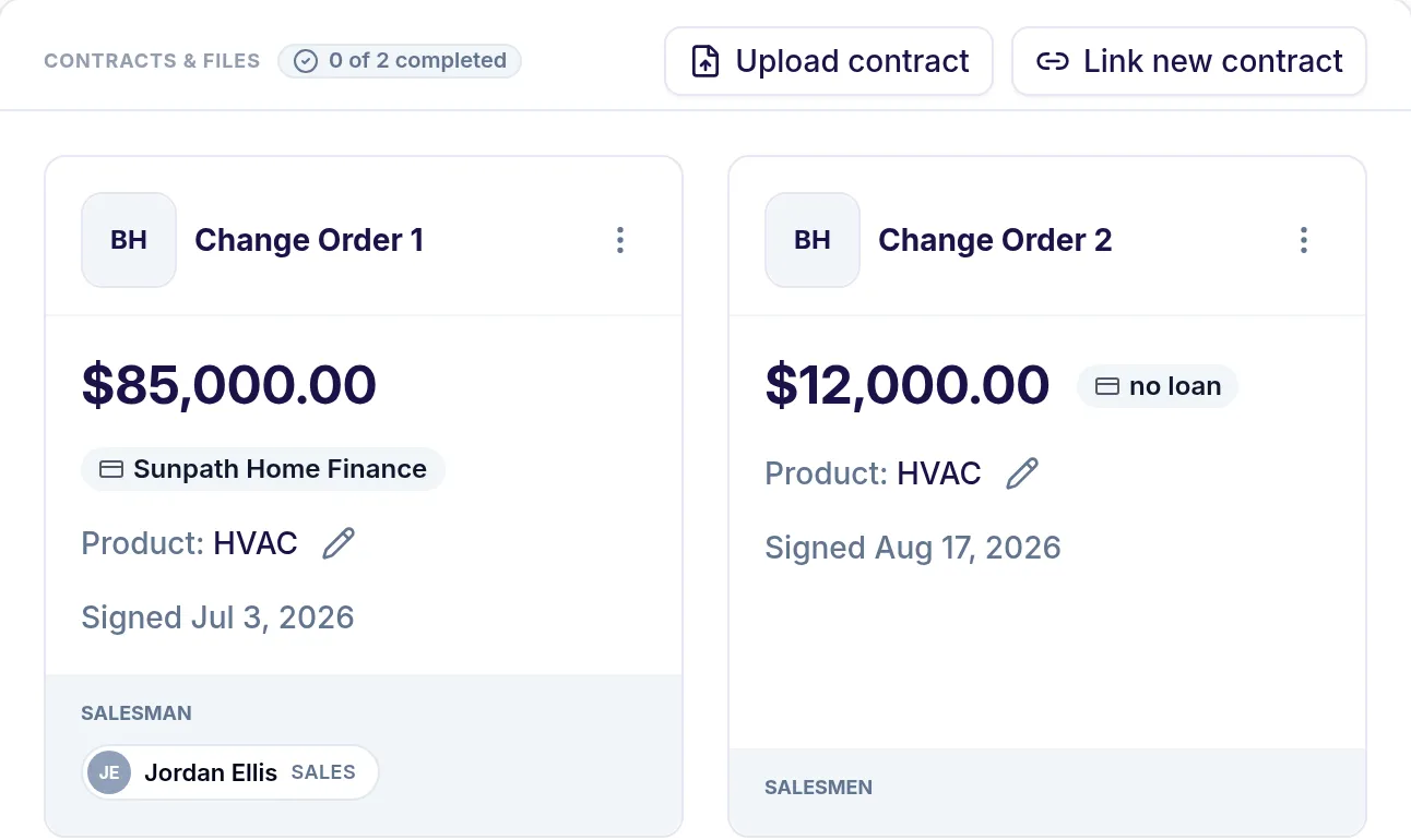 A project's change orders with financing and signed dates