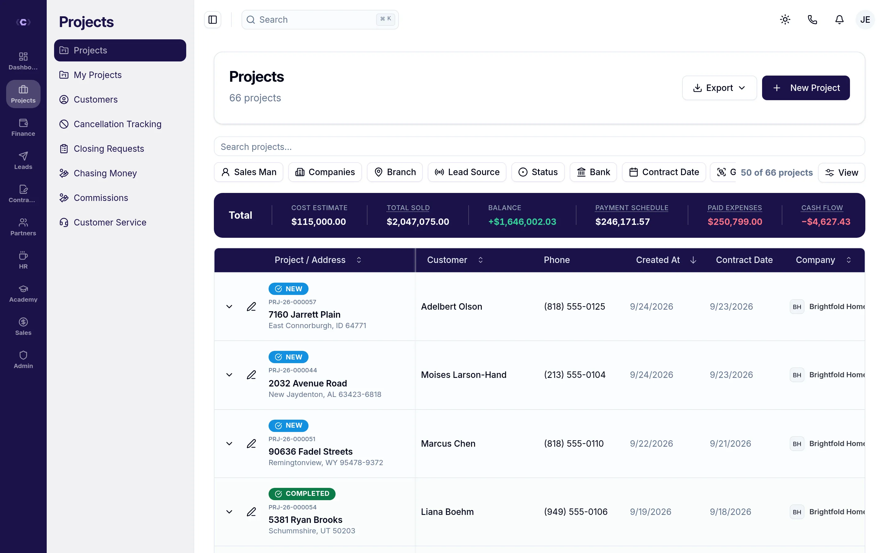 The Carrify projects list with sold, balance and cash-flow totals