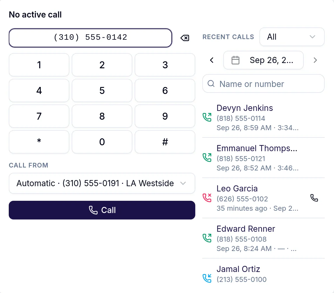 The built-in softphone: keypad, local caller ID and recent calls